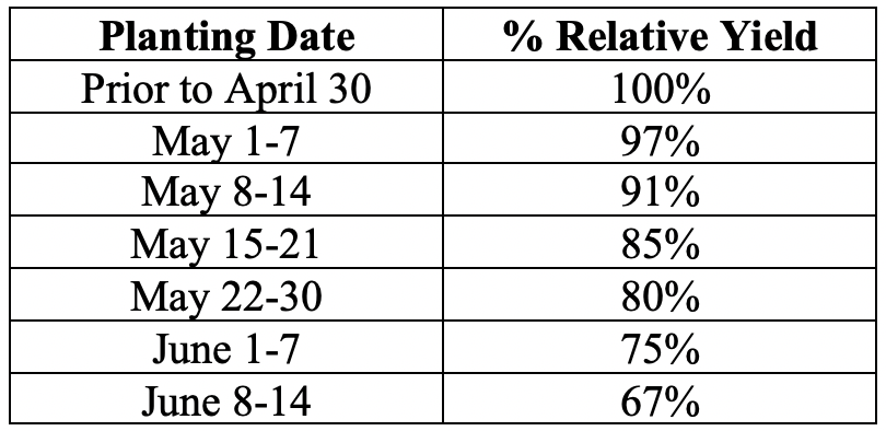 average percent relative yields for each week in May at Marianna from planting date studies