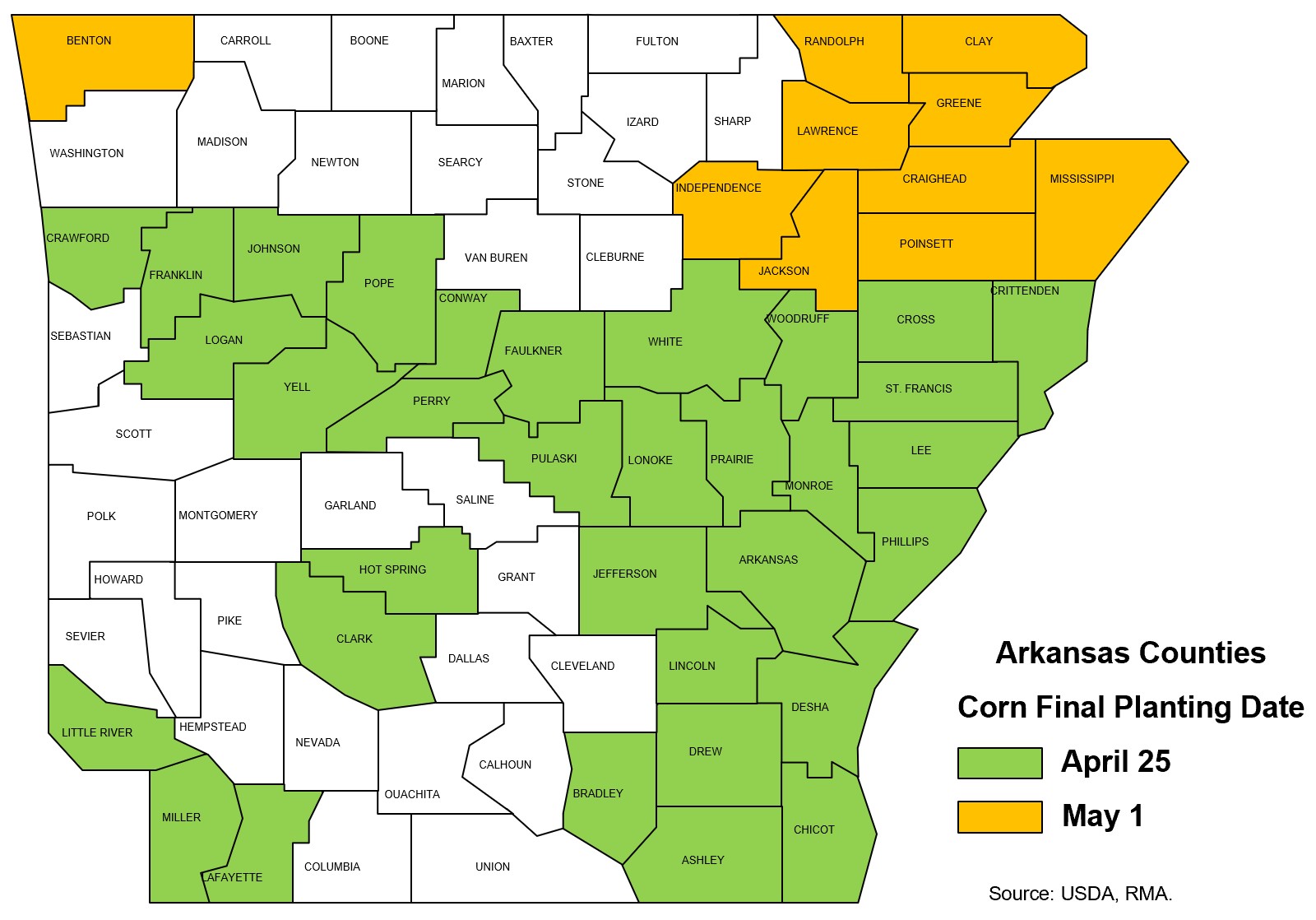 Map of Arkansas counties indicating the final corn planting date for crop insurance. Counties in yellow have a date of May 1. Counties in green have a date of April 25