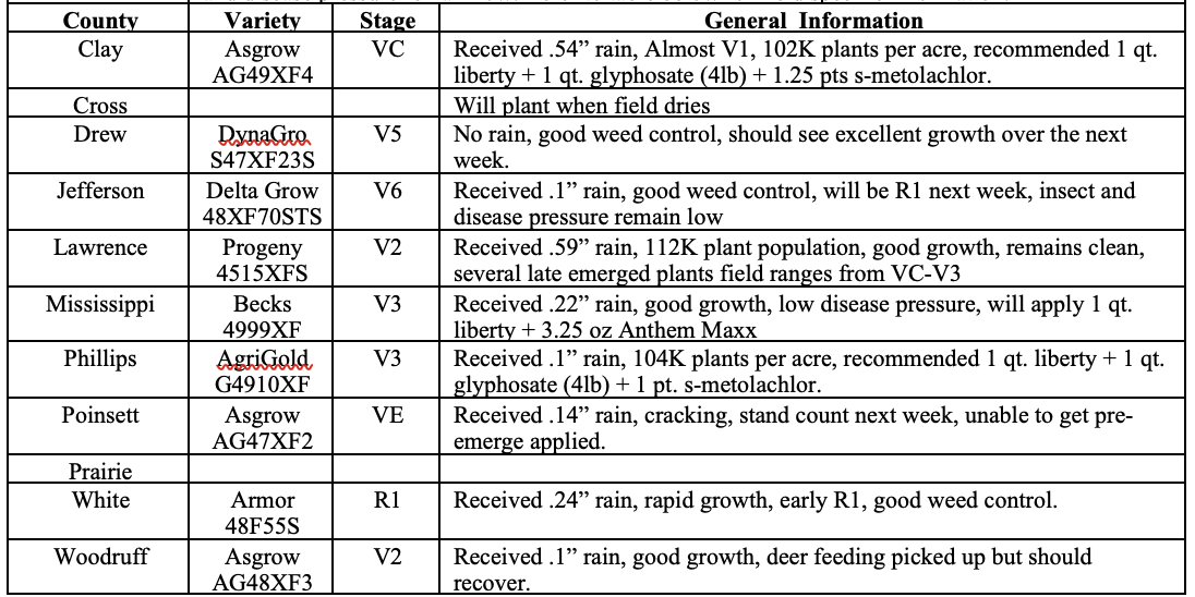 Table detailing soybean variety, stage, and general information by coubty for clay, Cross, Drew, Jefferson, Lawrence, Mississippi, Phillips, Pointset, Prairie, white, and Woodruff counties