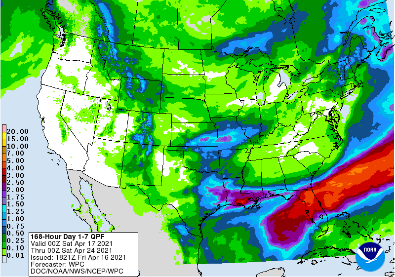 National Oceanic and Atmospheric Administration (NOAA), seven day precipitation forecast for April 17-24, 2021