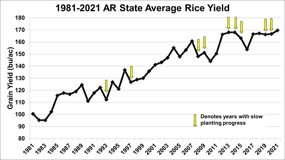 AR state average grain yield denoting slow planting progress years