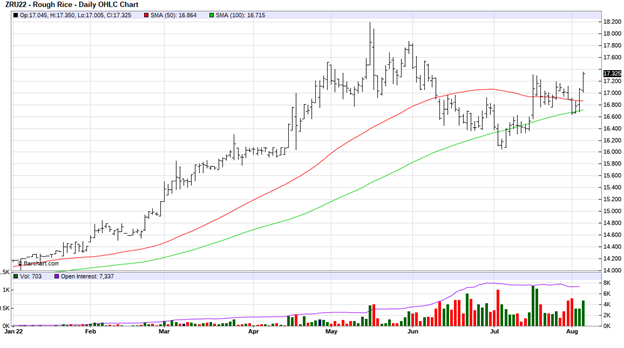 CME Rough Rice Futures, September 2022, daily chart