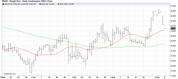 CME Rough Rice Futures, Nov. 2023, Four-month daily chart