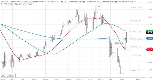 CBOT Rough Rice, September 2024, daily chart