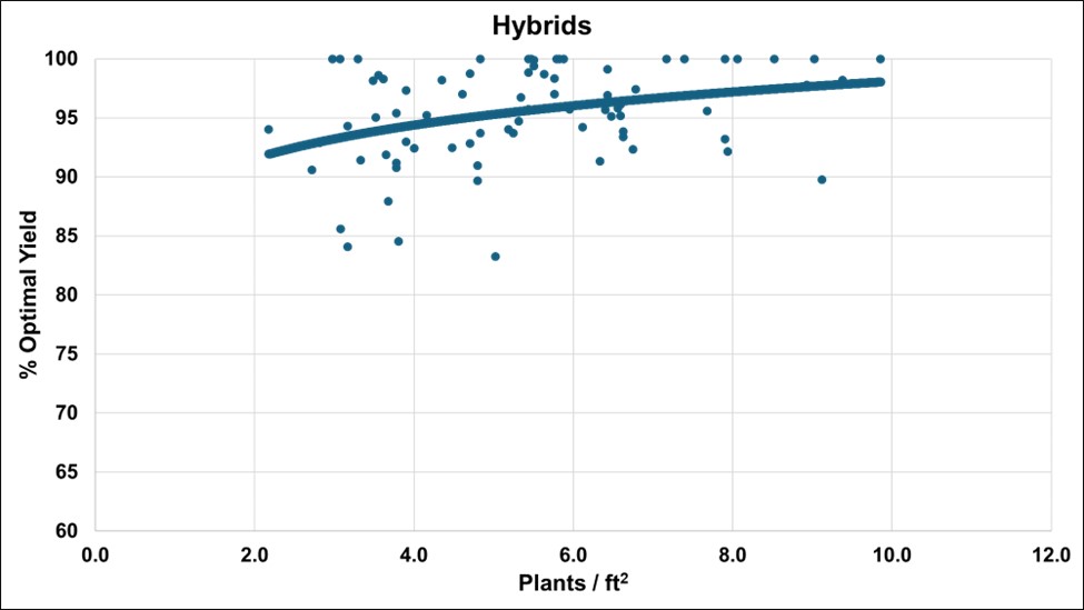 Optimal yield by plant stand for rice hybrids in seeding rate trials, 2023-2024