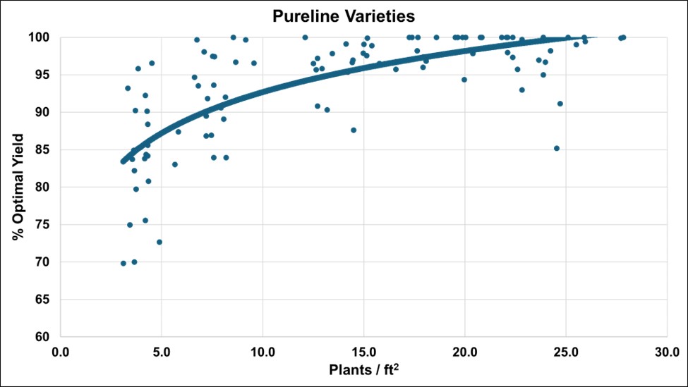 Optimal yield by plant stand for pureline rice varieties in seeding rate trials, 2023-2024