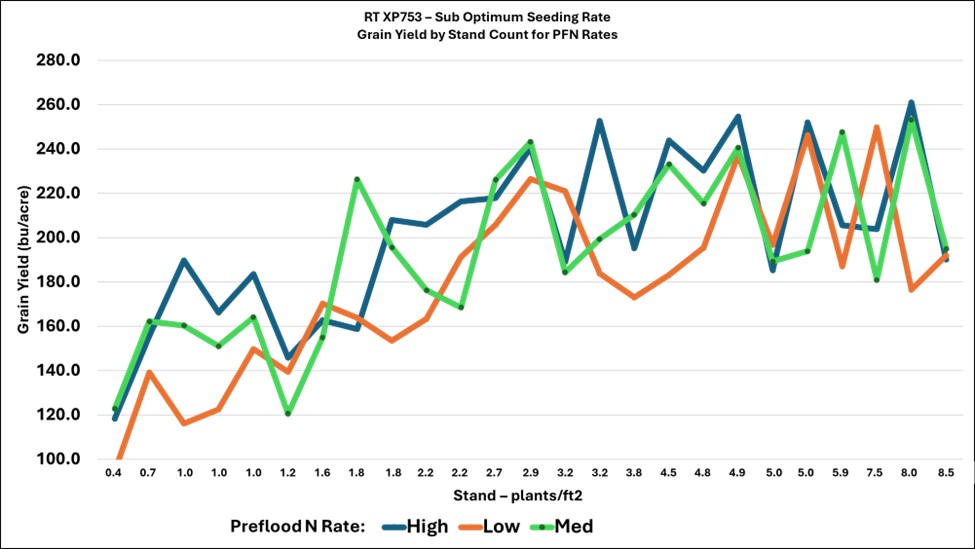 Grain yield of RT XP753 at various stand densities and preflood nitrogen rates