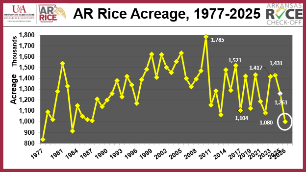 Arkansas rice acreage, 1977-2025 including 2026 forecast