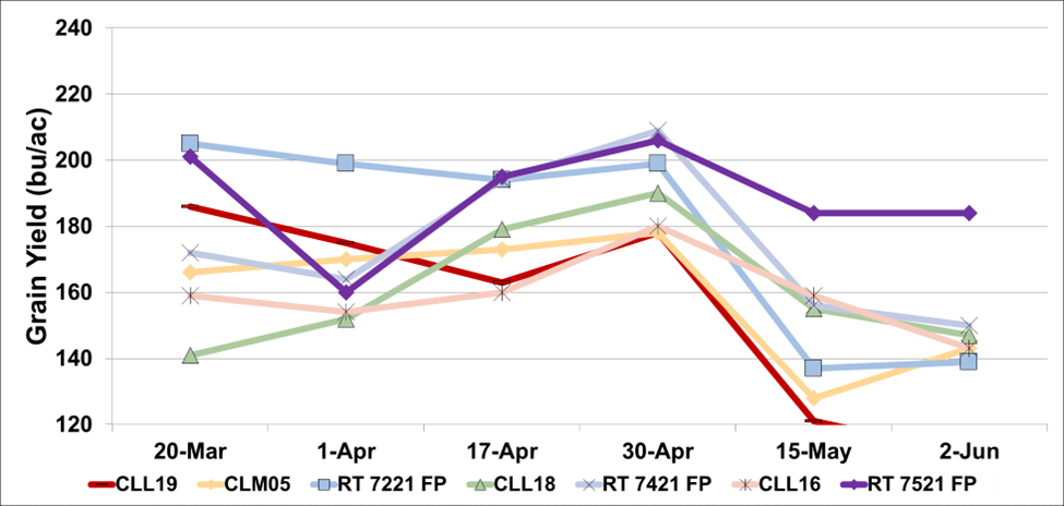 Average grain yield by planting date for selected cultivars at the Rice Research and Extension Center, Stuttgart, 2025