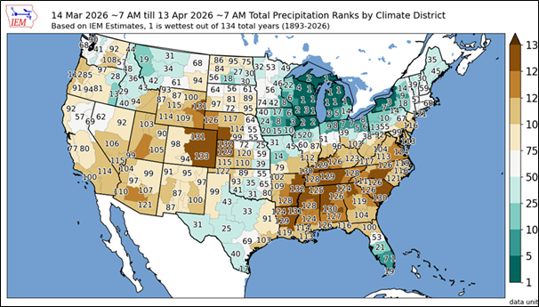 Total Precipitation Ranks, 14 Mar to 13 Apr, 1893-2026