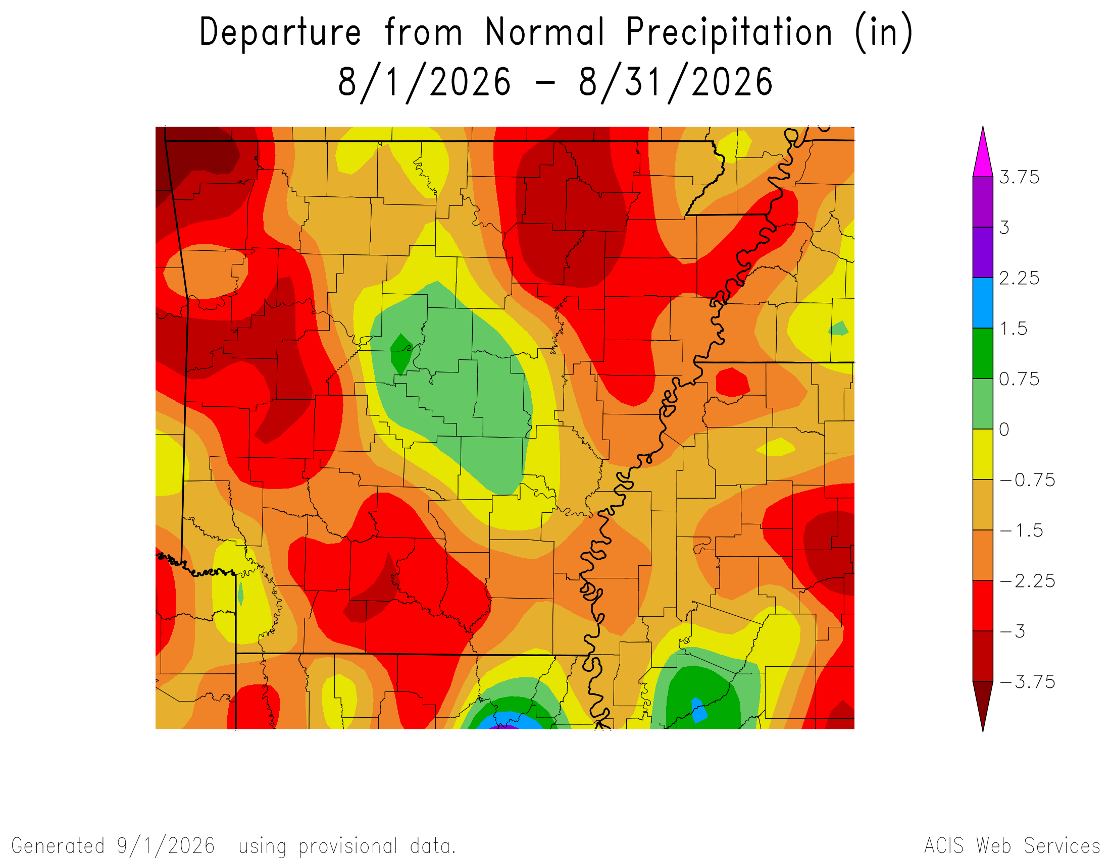 Departure from normal precipitation (inches) in Arkansas from August 1 to August 31, 2026.