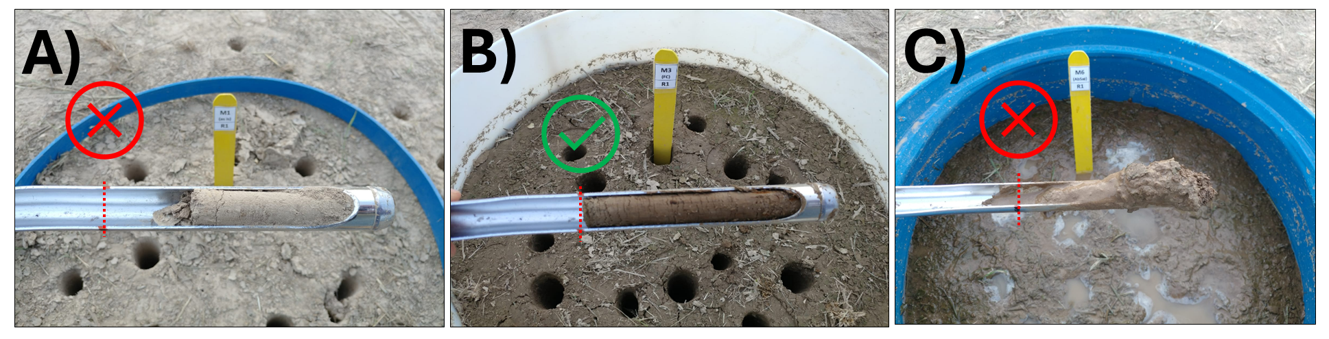 Panel A) shows shallow sampling due to very dry soil conditions, panel B) shows correct soil sampling with adequate moisture conditions, and panel C) shows compromised soil core associated with excessive soil moisture