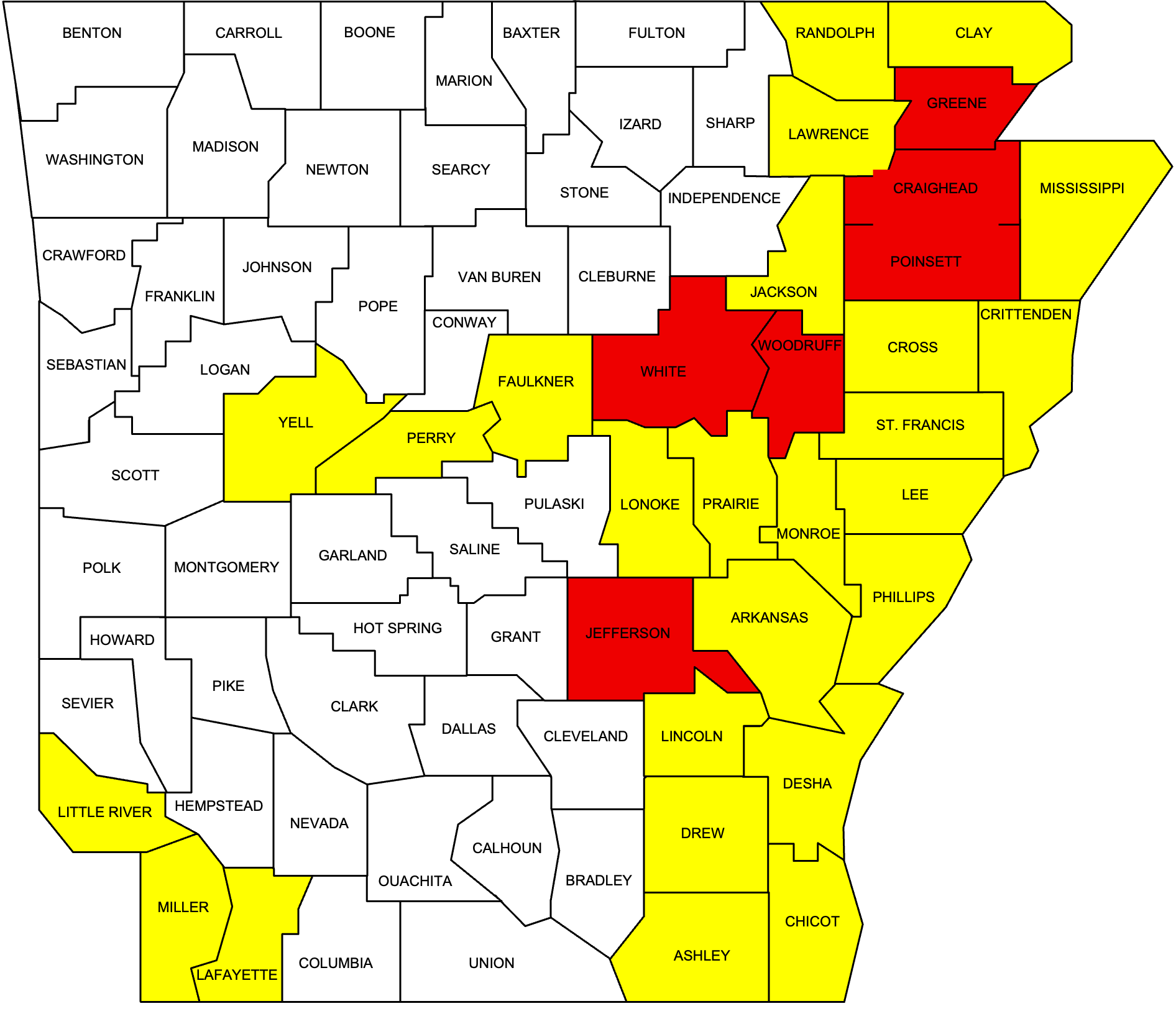 Map of counties with SWCB. Counties in yellow include Randolph, Clay, Lawrence, Mississippi, Jackson, Cross, Crittenden, St. Francis, Lee, Monroe, Prairie, Lonoke, Faulkner, Perry, Yell, Phillips, Arkansas, Desha, Lincoln, Drew, Chicot, Ashley, Lafayette, Miller and Little River. Counties in red include Greene, Ceaighead, Poinsett, Woodruff, White, and Jefferson.