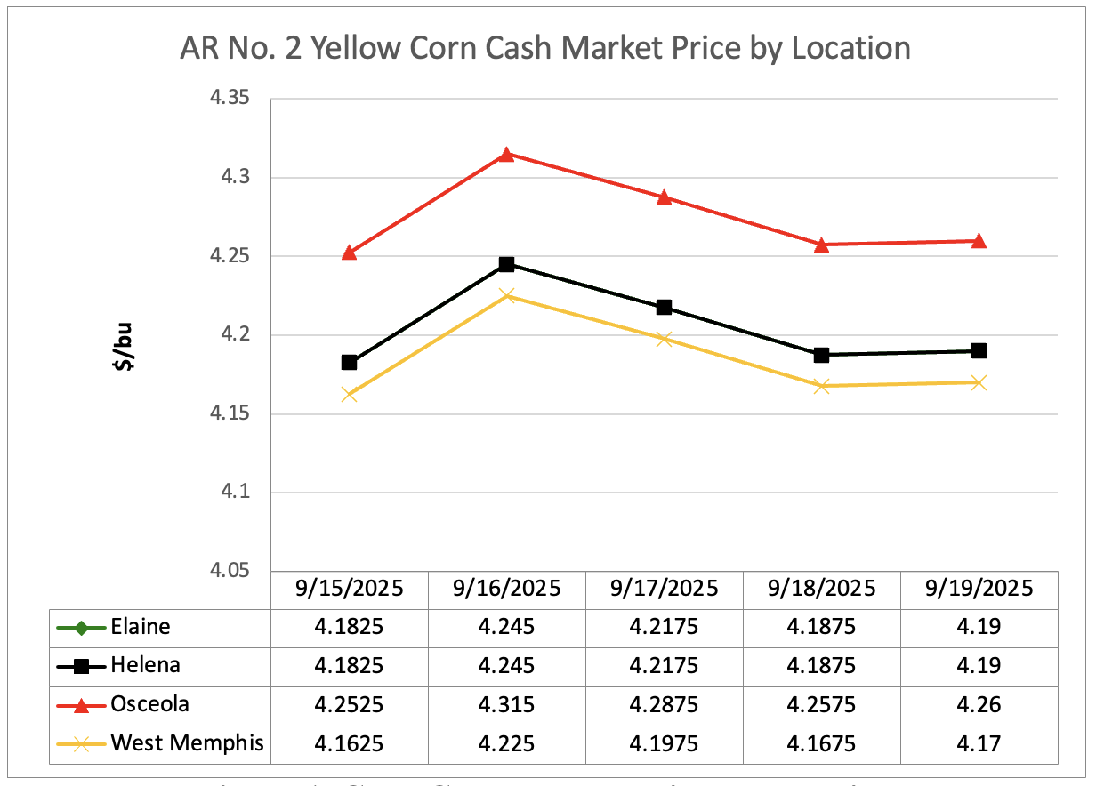 Line graph showing corn cash market price by location