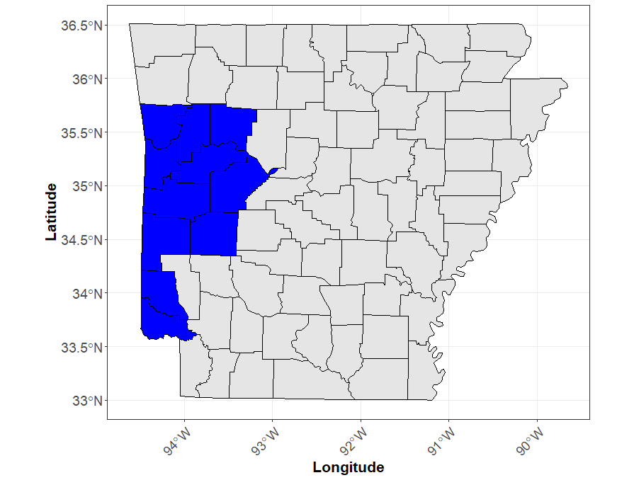 A map of the state of Arkansas.  Counties (shaded in blue) in the western part of the state, indicate that Enlist herbicides are prohibited in 2022